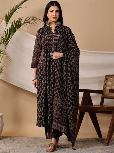 Black Ethnic Motifs Printed Regular Pure Cotton Kurta With Trousers ...