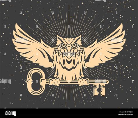 Mystic owl with key in claws, tarot wisdom and secret knowledge symbol, owl with spread wings ...