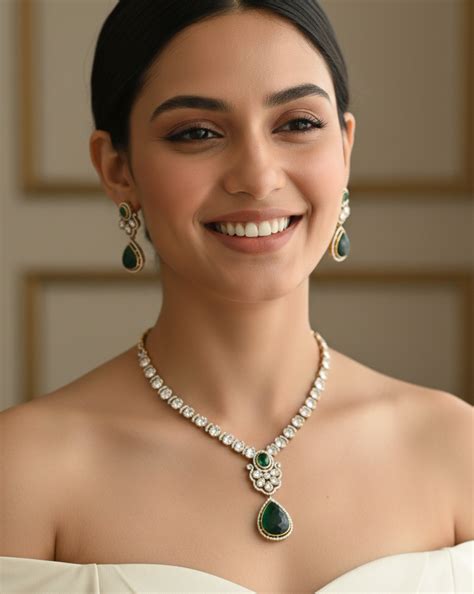 Green Moissanite Kundan Delicate Necklace With Earrings – Jaipri