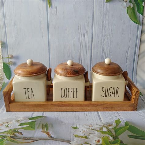 Ivory Square Solid Tea Coffee Sugar Ceramic Canisters 500 ml – Grey Pottery