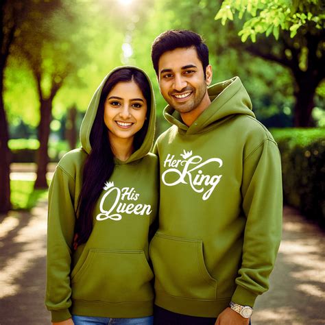 His Queen and Her King Olive Green Couple Hoodies exclusive at T Bhai