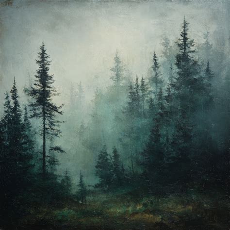 Misty Forest Landscape Painting – Moody Evergreen Nature Art with Atmo