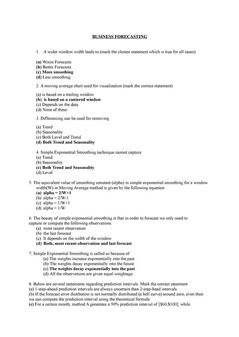 Class Test-1 - BUSINESS FORECASTING A wider window width leads to (mark ...