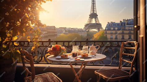 Premium AI Image | Delicious breakfast table french on a balcony in the ...