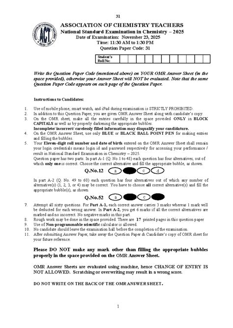 NSEC 2025: National Standard Examination in Chemistry - Set 31 Practice ...