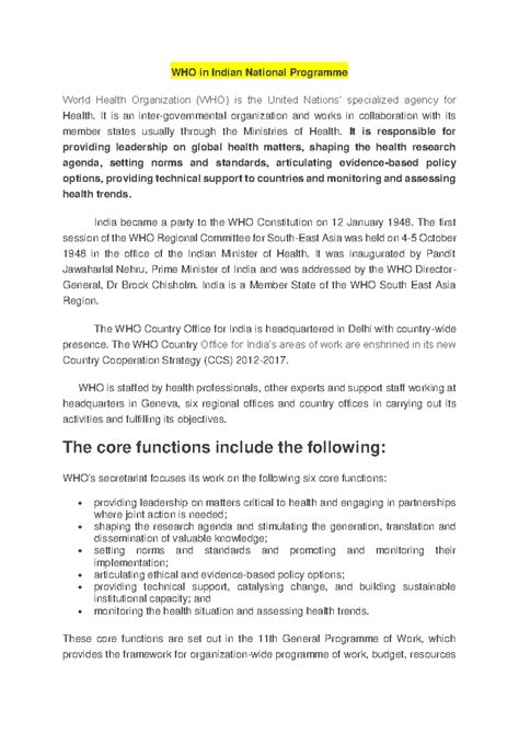WHO in Indian National Programme - It is an inter-governmental ...