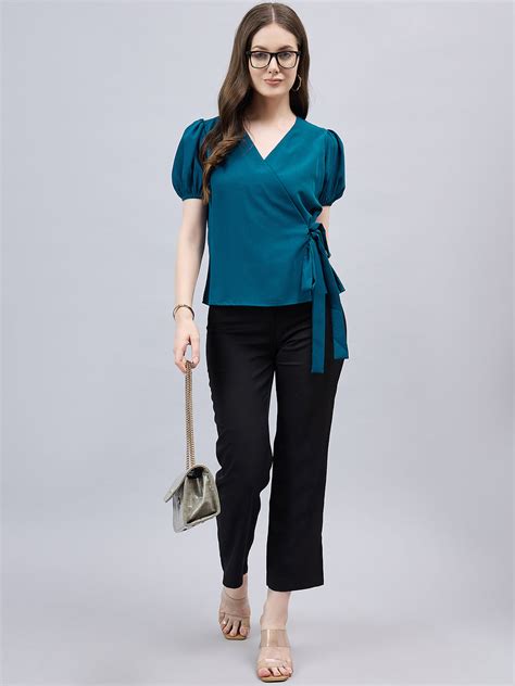 Style Qutotient Women Solid Short Puff Sleeve Wrap Top – StyleQuotient