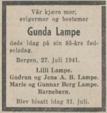Dødsannonse(r): Dødsannonse Gunda Lampe: Slektstre for slekten Beyer