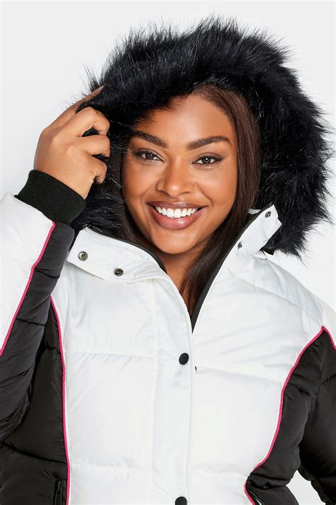 YOURS Plus Size White & Black Colourblock Hooded Puffer Jacket | YOURS ...