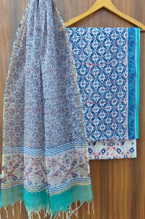 Pure Cotton Hand block print Unstitched Suit with Kota Dupatta. – fab ...