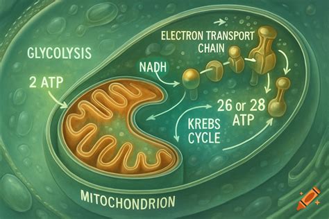 A colorful diagram illustrating the aerobic cellular respiration process, showing glucose ...