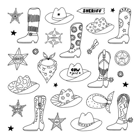 Big Wild West and cowboy set in doodle style with hand drawn outline. Vector illustration with ...