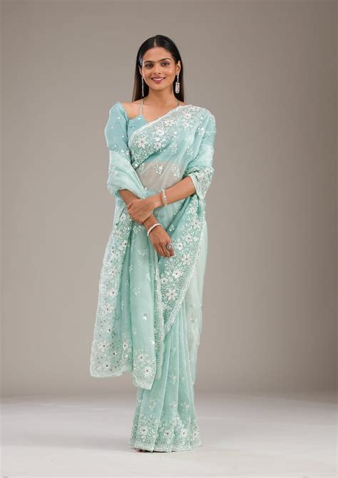 Sea Green Sequins Tissue Saree