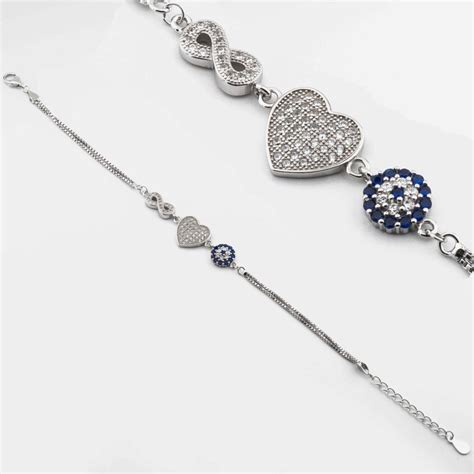 925 Sterling Silver Bracelet with Evil Eye Bead and Infinity Heart ...