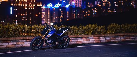 Download wallpaper 2560x1080 motorcycle, bike, night city, road, curb ...
