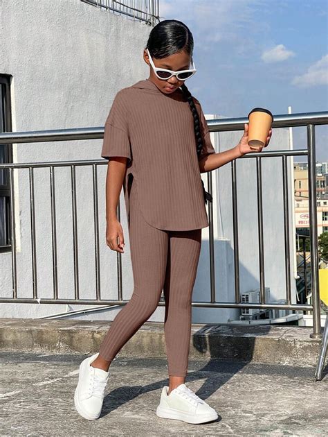 SHEIN Tween Girl Solid Drop Shoulder Hooded Tee & Leggings | SHEIN USA