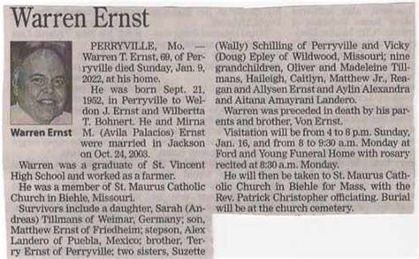 Warren T Ernst obituary - Cape Girardeau Southeast Missourian - 1/15-16 ...