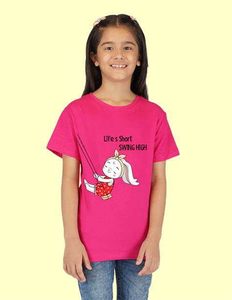 Nusyl Girls Half Sleeves Pink Life's short swing high printed T-shirt