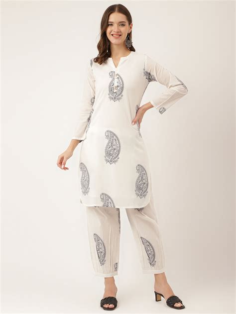 Divena White Paisley Print Cotton Co-ord Set with Mulmul Cotton Lining ...