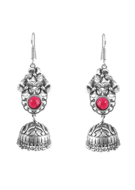 Get Pink Stone Detail Floral Oxidised Silver Jhumkas at ₹ 799 | LBB Shop