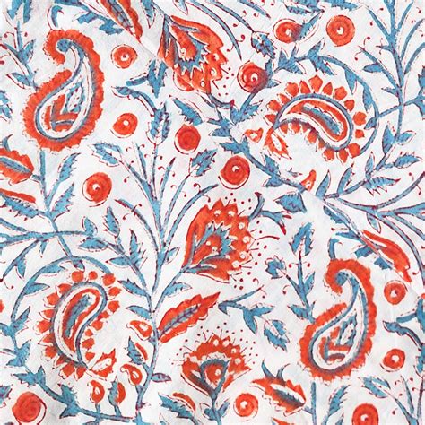 Pure Cotton Jaipuri White With Orange Kairi Jalal Hand Block Print Fab ...