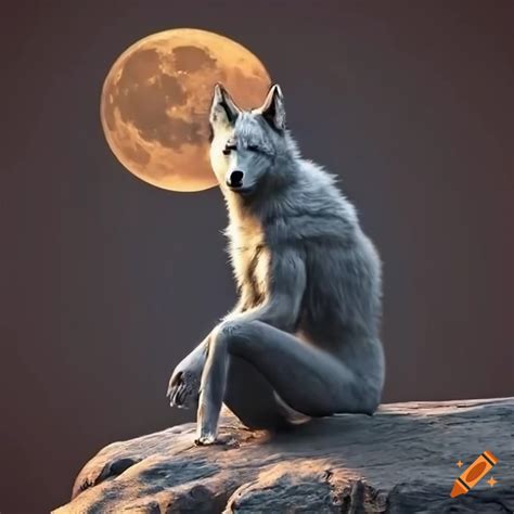 Wolf-human hybrid sitting on a cliff under a full moon on Craiyon