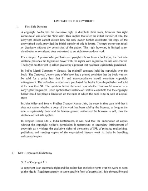 Limitations TO Copyright - LIMITATIONS TO COPYRIGHT First Sale Doctrine ...