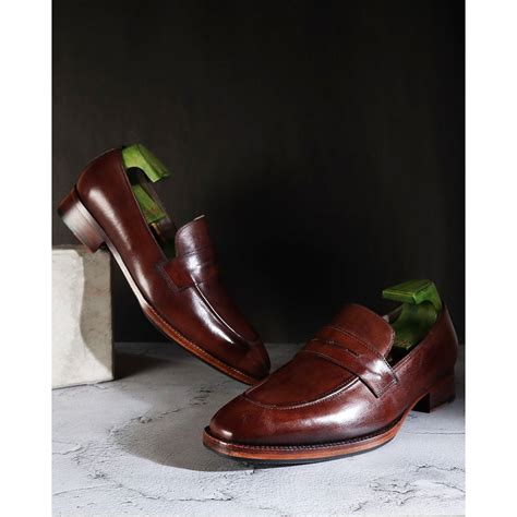 Chocolate Brown Patina Mirror Glossed Square Toe Sleek Penny Loafers ...