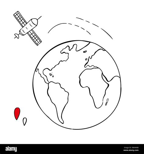 Earth globe, space satellite and location icons vector set line art black ink sketch. Navigation ...