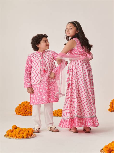 Buy Pink and White Printed Lehenga Blouse With Dupatta