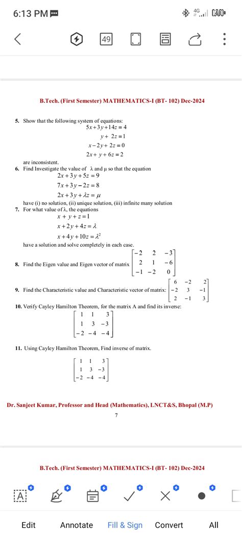 B.Tech First Semester Maths Matrix 的图像结果