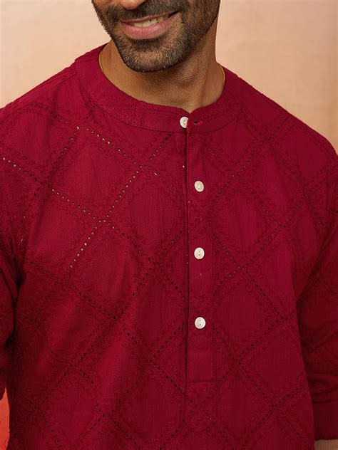 Mens Red Band Collar Kurta Set | VASTRAMAY – vastramay