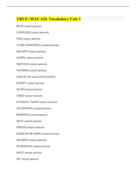 TRUE+WAY ASL Vocabulary Unit 1 - TRUE+WAY ASL Vocabulary Unit 1 - Stuvia US