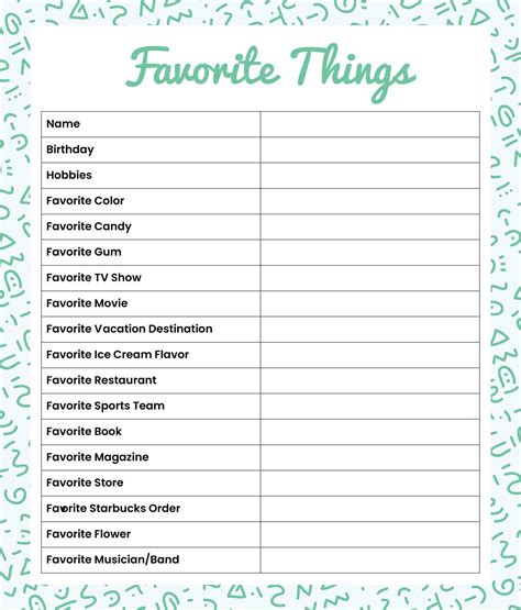 Free Favorite Things Printable | FREE Printable HQ