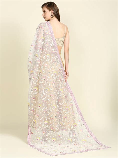 White & Pink Organza Dupatta with Heavy Embroidery & Mirror Work ...