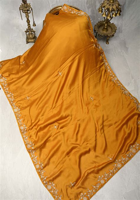 Mustard Yellow Satin Georgette saree with moti, cutdana and Zardozi em ...