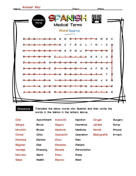Spanish Medical Terms Vocabulary Word Search & Answer Key | Made By ...