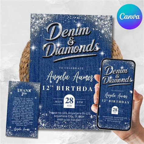 Denim and Diamonds Birthday Invitation, Editable Denim Birthday Dinner ...