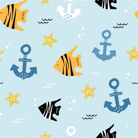Cute seamless pattern with anchors and fish. | Premium Vector