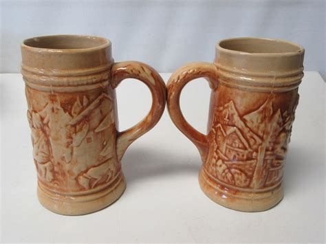Antique 1920s HULL Pottery ALPINE Utility Ware Yelloware (2) STEINS