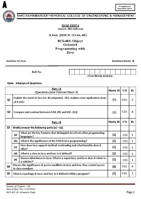 BCS 403: OOP with Java Quiz - B.Tech IV (CS 4A) Practice Paper - Studocu