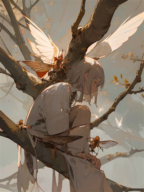 View of cicadas on tree branches,Girl cicada wings, Locusts and flies ...