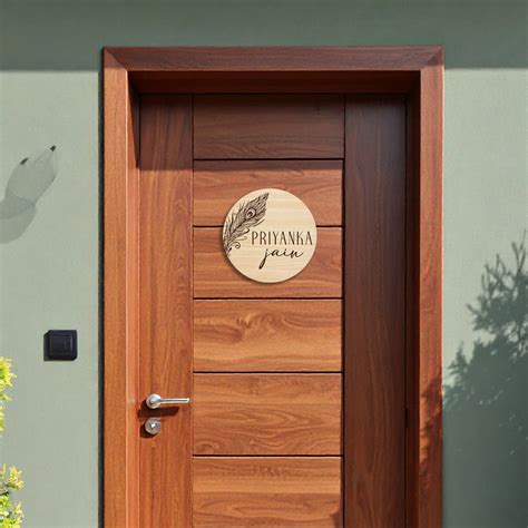 Peacock Feather Wooden Name Plate | Round Personalized Door Sign With ...