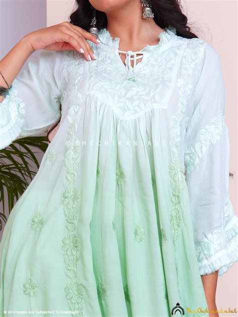 Green Zahrah Muslin Chikankari Jhalar Yok Anarkali