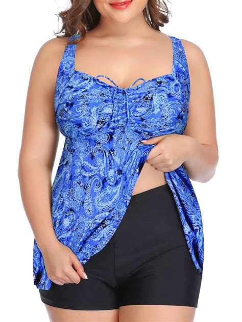Womens Plus Size 2-Piece Bathing Suits Ruffle Tankini Top with ...