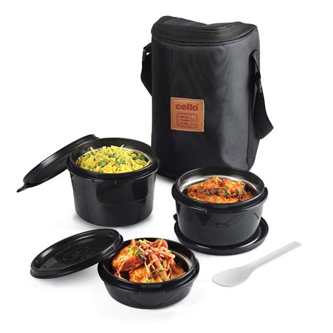 Buy Cello All In One Lunch Box with Fabric Bag, Black | 3 Microwave ...