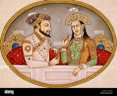 Miniature painting of Mughal Emperor Shah Jahan with Queen Mumtaz Mahal ...