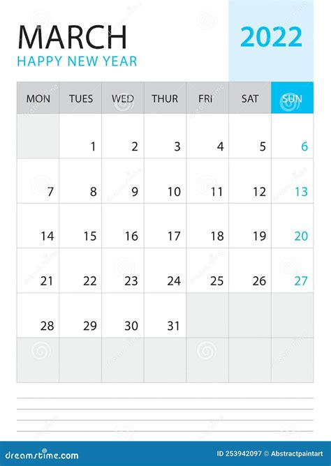 March 2022-Calendar 2022 Template Vector on Blue Background, Week Start ...