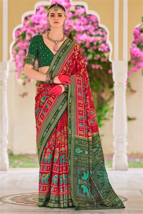 Buy Chilly Red and Green Printed Patola Saree Online - MySilkLove