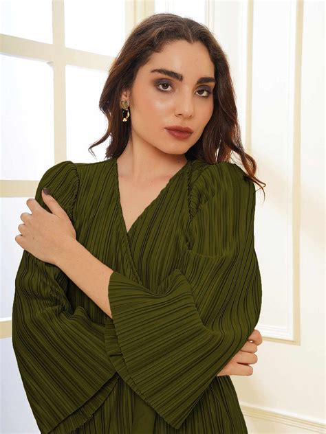 Pleated Green Wrap Knit Dress